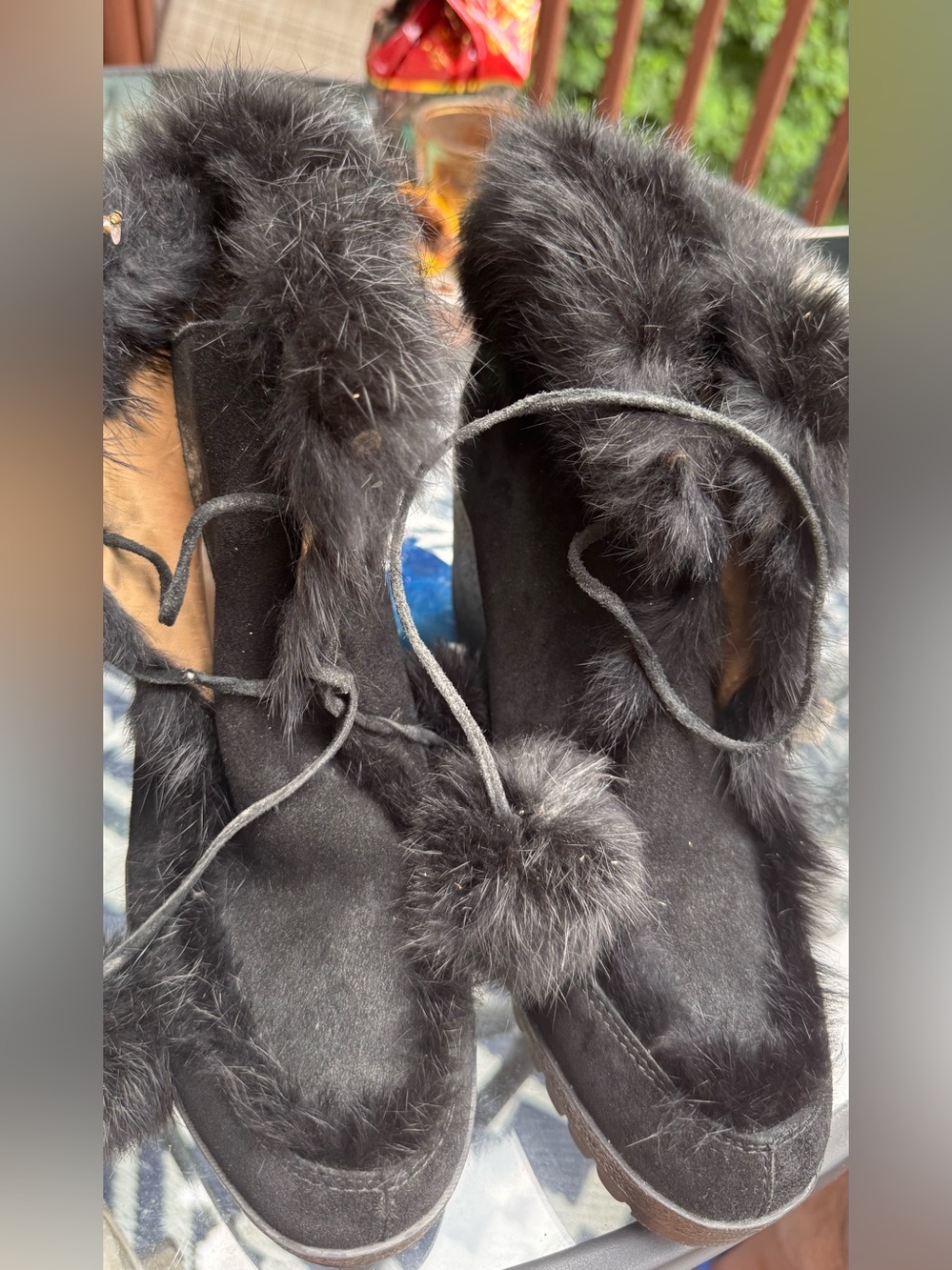 Coach Black Suede Fur-Trim Pom Pom Ankle Booties